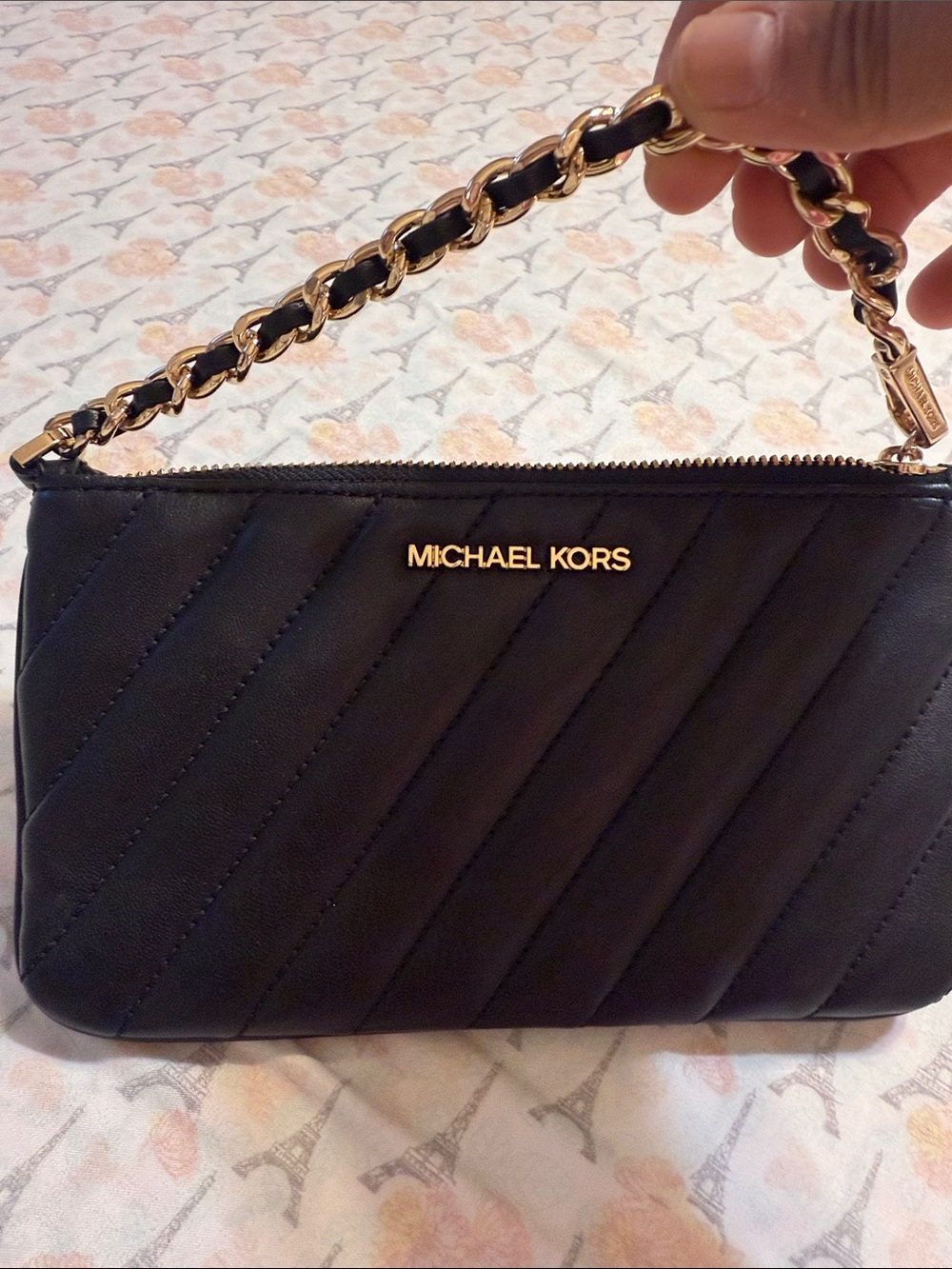 Michael Kors Black Quilted Wristlet with Gold Chain Detail